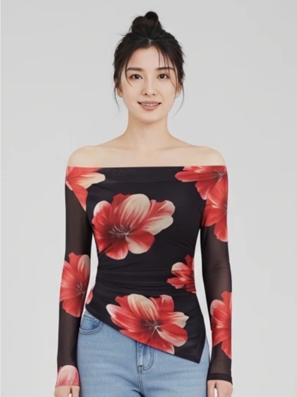 Off-Shoulder Black Top with Red Floral Print